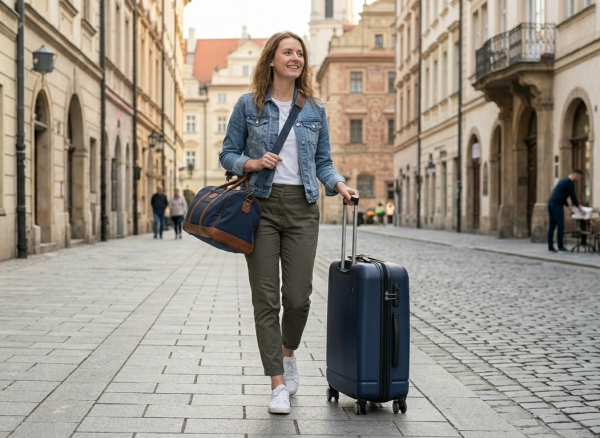 Stylish Travel Girl with Suitcase