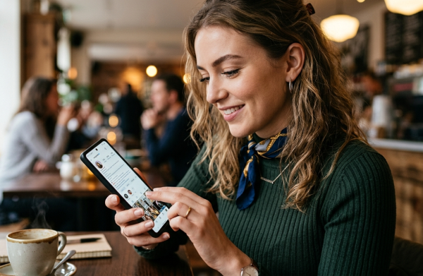 Woman Using Smartphone in Cafe