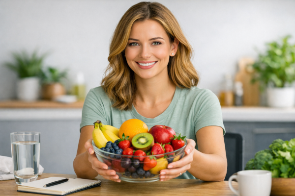 woman showing fresh fruits